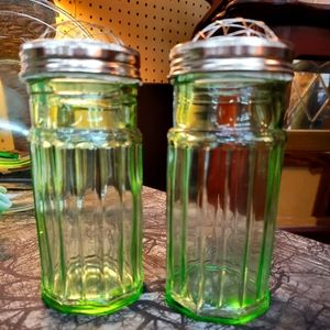 Green depression glass muffineers